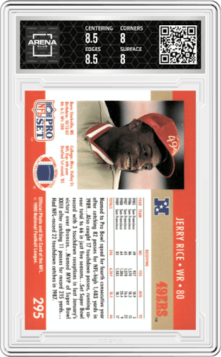 Jerry Rice from the 1990 Pro Set set graded by Arena Club and given an overall grade of 8.5.