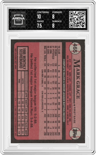 Mark Grace from the 1989 Topps set graded by Arena Club and given an overall grade of 8.