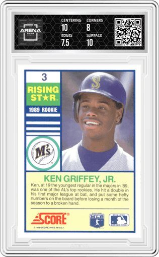 Ken Griffey Jr. from the 1990 Score Rising Stars set graded by Arena Club and given an overall grade of 8.