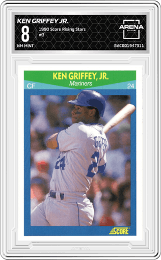 Ken Griffey Jr. from the 1990 Score Rising Stars set graded by Arena Club and given an overall grade of 8.