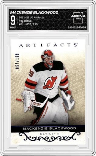 Mackenzie Blackwood from the 2021-22 Upper Deck Artifacts  set featuring a Royal Blue parallel graded by Arena Club and given an overall grade of 9.