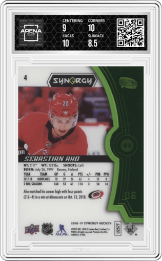 Sebastian Aho from the 2018-19 Upper Deck Synergy set featuring a Green parallel graded by Arena Club and given an overall grade of 9.