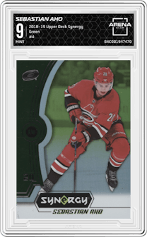 Sebastian Aho from the 2018-19 Upper Deck Synergy set featuring a Green parallel graded by Arena Club and given an overall grade of 9.