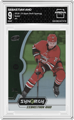 Sebastian Aho from the 2018-19 Upper Deck Synergy set featuring a Green parallel graded by Arena Club and given an overall grade of 9.