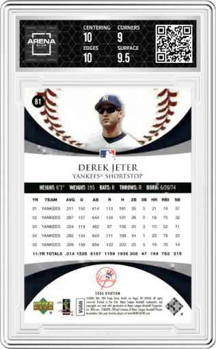 Derek Jeter from the 2006 Upper Deck Ovation set graded by Arena Club and given an overall grade of 9.5.