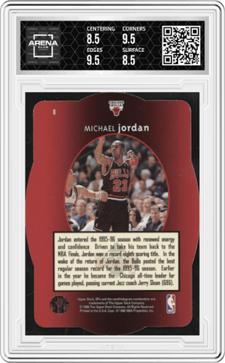 Michael Jordan from the 1996-97 SPX set graded by Arena Club and given an overall grade of 9.