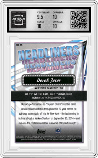Derek Jeter from the 2023 Topps Finest Baseball set graded by Arena Club and given an overall grade of 10.