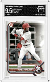 Jordan Walker from the 2022 Bowman set graded by Arena Club and given an overall grade of 9.5.