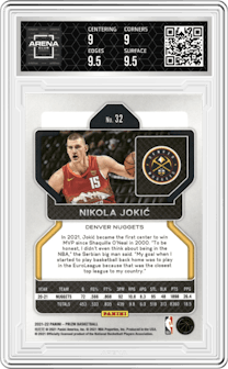Nikola Jokic from the 2021-22 Panini Prizm  set graded by Arena Club and given an overall grade of 9.5.