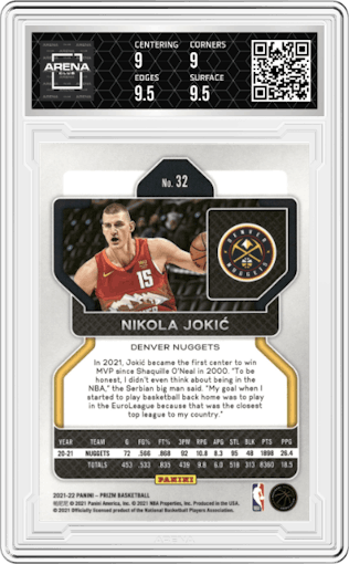 Nikola Jokic from the 2021-22 Panini Prizm  set graded by Arena Club and given an overall grade of 9.5.