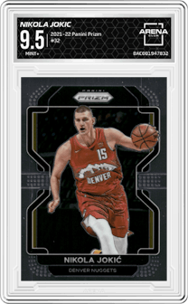 Nikola Jokic from the 2021-22 Panini Prizm  set graded by Arena Club and given an overall grade of 9.5.