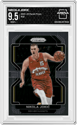 Nikola Jokic from the 2021-22 Panini Prizm  set graded by Arena Club and given an overall grade of 9.5.
