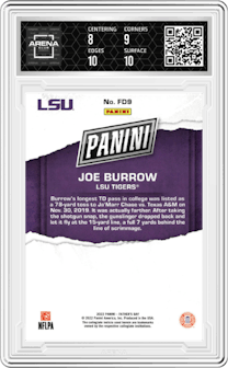 Joe Burrow from the 2022 Panini Father’s Day set graded by Arena Club and given an overall grade of 8.5.