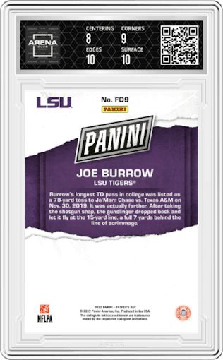 Joe Burrow from the 2022 Panini Father’s Day set graded by Arena Club and given an overall grade of 8.5.