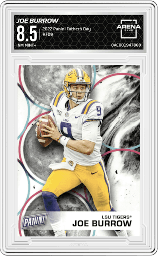 Joe Burrow from the 2022 Panini Father’s Day set graded by Arena Club and given an overall grade of 8.5.
