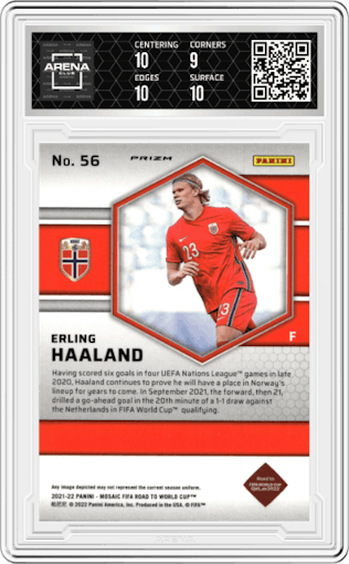 Erling Haaland from the 2021-22 Panini Mosaic Road to FIFA World Cup set featuring a Orange Mosaic parallel graded by Arena Club and given an overall grade of 9.5.