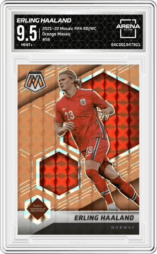Erling Haaland from the 2021-22 Panini Mosaic Road to FIFA World Cup set featuring a Orange Mosaic parallel graded by Arena Club and given an overall grade of 9.5.