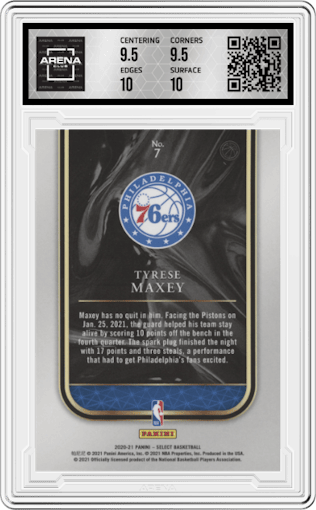 Tyrese Maxey from the 2020-21 Panini Select  set graded by Arena Club and given an overall grade of 10.