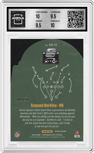 Saquon Barkley from the 2022 Panini Contenders Optic set featuring a Orange parallel graded by Arena Club and given an overall grade of 10.