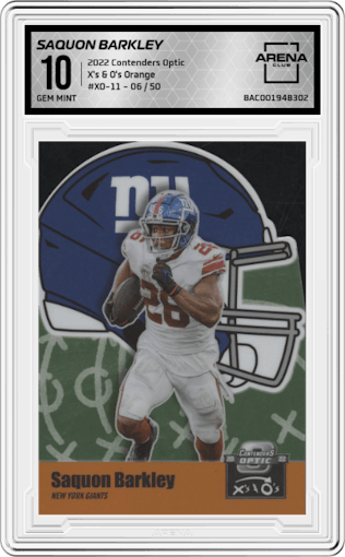 Saquon Barkley from the 2022 Panini Contenders Optic set featuring a Orange parallel graded by Arena Club and given an overall grade of 10.