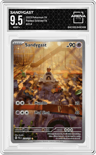 Sandygast from the 2023 Pokemon SV set graded by Arena Club and given an overall grade of 9.5.