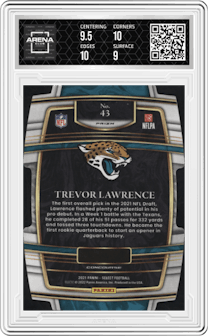 Trevor Lawrence from the 2021 Panini Select set featuring a Die-Cut Green/Yellow parallel graded by Arena Club and given an overall grade of 9.5.