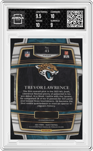 Trevor Lawrence from the 2021 Panini Select set featuring a Die-Cut Green/Yellow parallel graded by Arena Club and given an overall grade of 9.5.