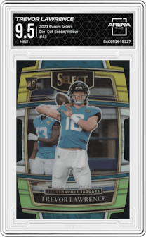 Trevor Lawrence from the 2021 Panini Select set featuring a Die-Cut Green/Yellow parallel graded by Arena Club and given an overall grade of 9.5.