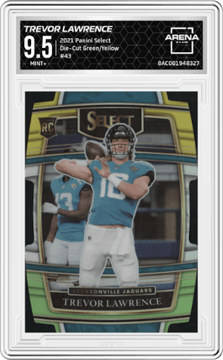Trevor Lawrence from the 2021 Panini Select set featuring a Die-Cut Green/Yellow parallel graded by Arena Club and given an overall grade of 9.5.