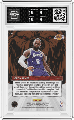 LeBron James from the 2022-23 Panini Donruss set featuring a Press Proof Purple  parallel graded by Arena Club and given an overall grade of 9.5.