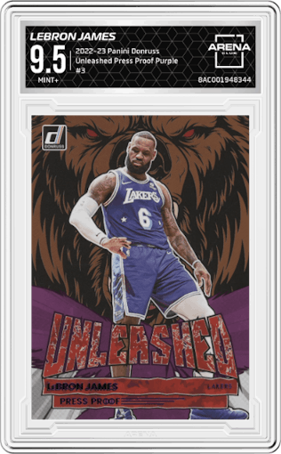 LeBron James from the 2022-23 Panini Donruss set featuring a Press Proof Purple  parallel graded by Arena Club and given an overall grade of 9.5.