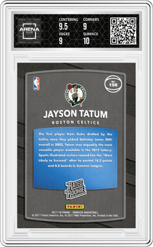 Jayson Tatum from the 2017-18 Panini Donruss set graded by Arena Club and given an overall grade of 9.5.