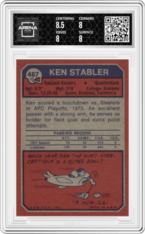 Ken Stabler from the 1973 Topps set graded by Arena Club and given an overall grade of 8.