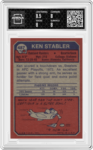 Ken Stabler from the 1973 Topps set graded by Arena Club and given an overall grade of 8.