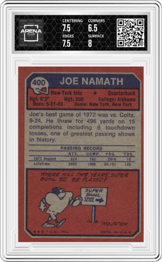 Joe Namath from the 1973 Topps set graded by Arena Club and given an overall grade of 7.