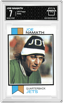 Joe Namath from the 1973 Topps set graded by Arena Club and given an overall grade of 7.