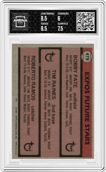 Tim Raines/Roberto Ramos/Bobby Pate from the 1981 Topps set graded by Arena Club and given an overall grade of 6.5.