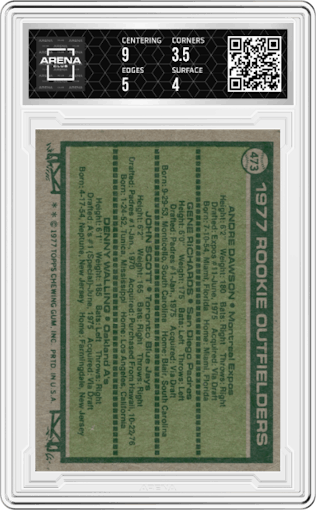Andre Dawson/Gene Richards/John Scott/Denny Walling from the 1977 Topps set graded by Arena Club and given an overall grade of 4.