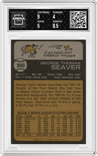Tom Seaver from the 1973 Topps set graded by Arena Club and given an overall grade of 4.5.