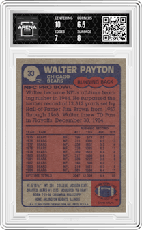 Walter Payton from the 1985 Topps set graded by Arena Club and given an overall grade of 7.