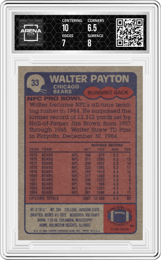 Walter Payton from the 1985 Topps set graded by Arena Club and given an overall grade of 7.