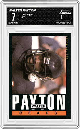 Walter Payton from the 1985 Topps set graded by Arena Club and given an overall grade of 7.