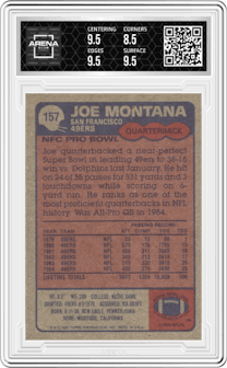Joe Montana from the 1985 Topps set graded by Arena Club and given an overall grade of 9.