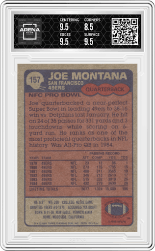 Joe Montana from the 1985 Topps set graded by Arena Club and given an overall grade of 9.