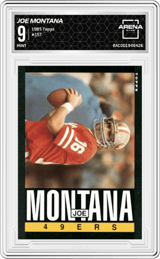 Joe Montana from the 1985 Topps set graded by Arena Club and given an overall grade of 9.