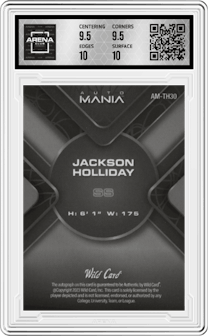 Jackson Holliday from the 2023 Wild Card Auto Mania set featuring a Kaleidoscope Purple parallel graded by Arena Club and given an overall grade of 10.