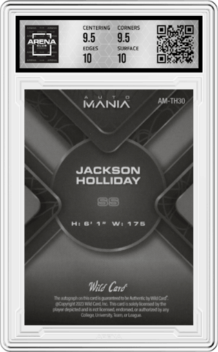 Jackson Holliday from the 2023 Wild Card Auto Mania set featuring a Kaleidoscope Purple parallel graded by Arena Club and given an overall grade of 10.