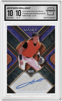 Jackson Holliday from the 2023 Wild Card Auto Mania set featuring a Kaleidoscope Purple parallel graded by Arena Club and given an overall grade of 10.