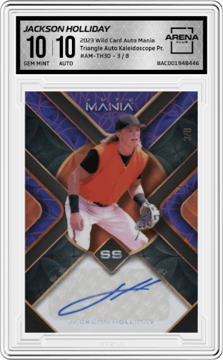 Jackson Holliday from the 2023 Wild Card Auto Mania set featuring a Kaleidoscope Purple parallel graded by Arena Club and given an overall grade of 10.