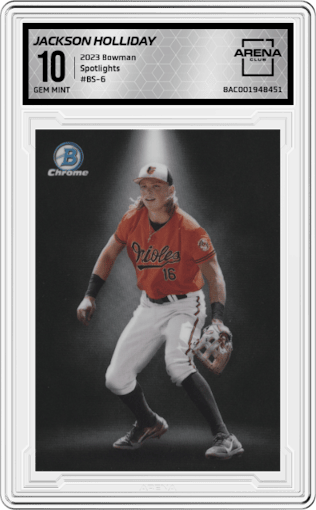 Jackson Holliday from the 2023 Bowman  set graded by Arena Club and given an overall grade of 10.